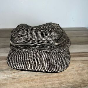 SDH Tweed Hat Womens Zipper Wool Tan Black Gold Cabby StreetWear Rocket Y2K